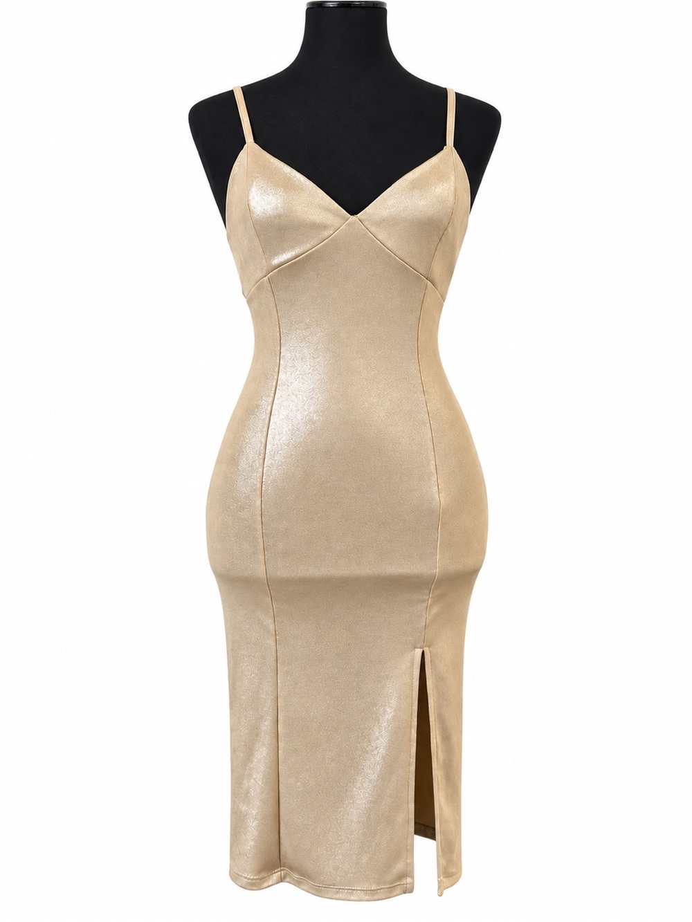 NWOT Champagne Gold Metallic Shimmery Bodycon Midi Dress Size S